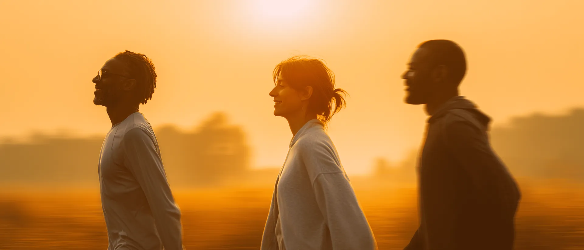 Three people walking outdoors at sunrise